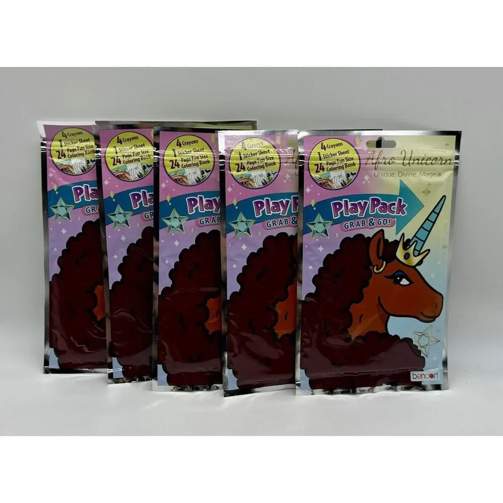 5 Afro Unicorn Grab & Go‎ Play Pack Crayons Stickers Coloring Books Party Favors